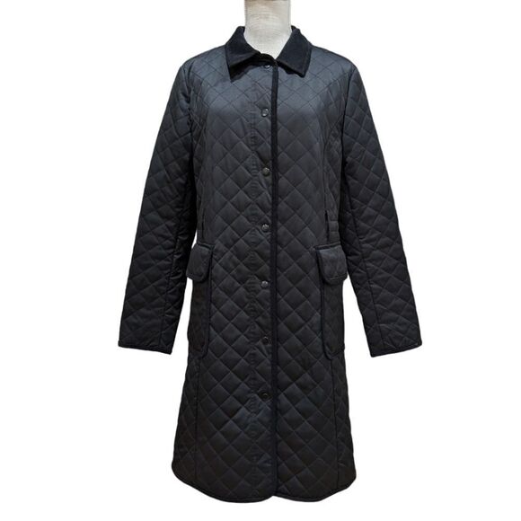 1901 Nordstrom Women's Corduroy Trim Diamond Quilted Trench Coat in Black Size L - Picture 1 of 11